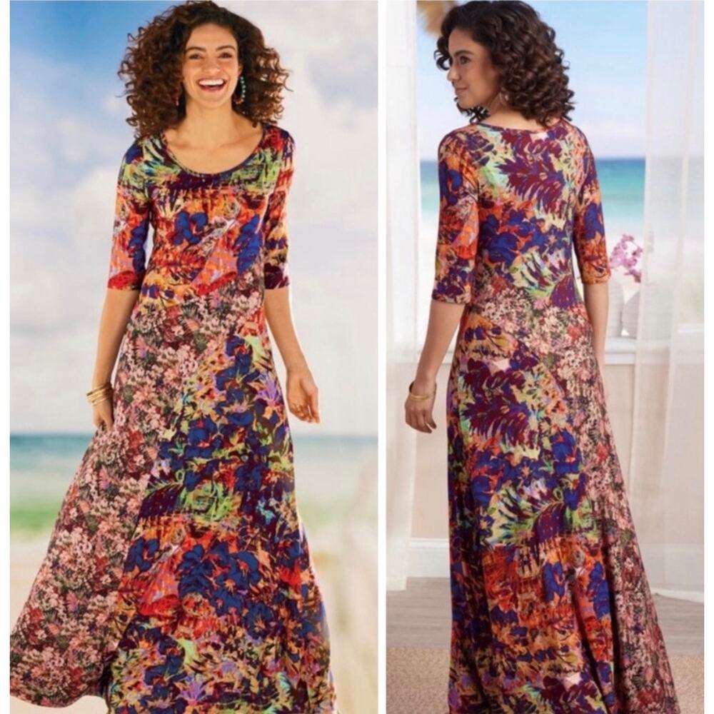 Soft Surroundings Estelle Maxi Dress Tropics Multi Medium Boho Resort Wear